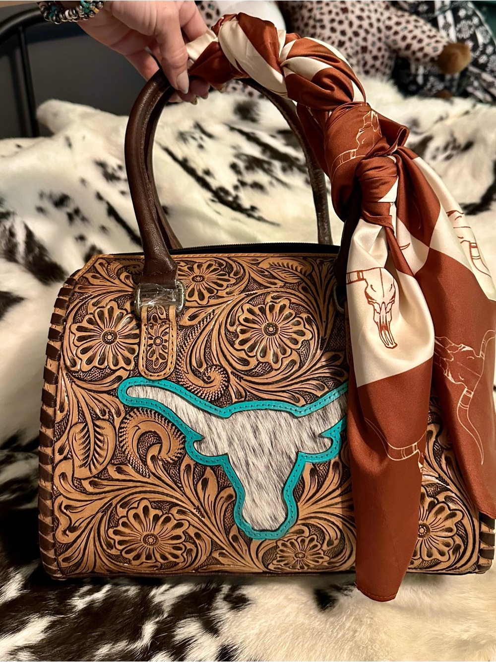 Texas Longhorn 🐮🪩 Leather Speedy Bag with wild rag!